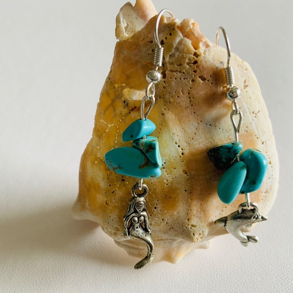 New Hand Crafted Boho Gemstone Howlite Dangle Earrings Mermaid and Dolphin